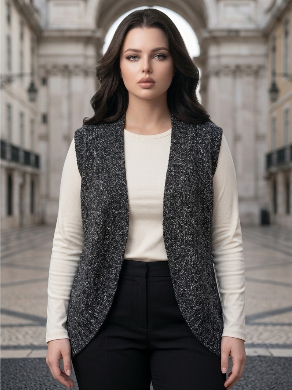 Olsen Europe Women’s Marled Knit Open Front Vest Size 12 Charcoal Wool Blend